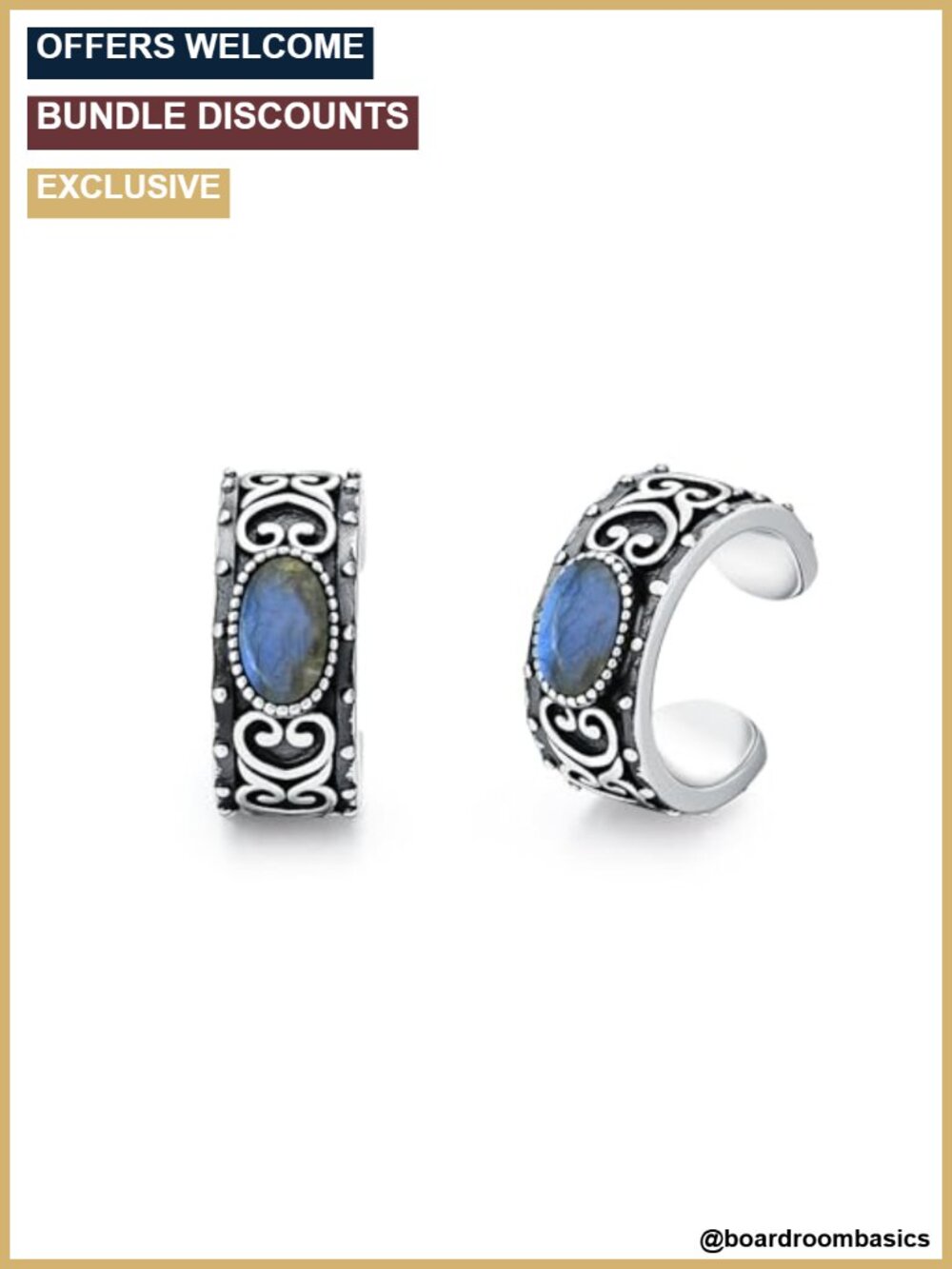 Labradorite Cuff Earrings 925 Sterling Silver Non Pierced
